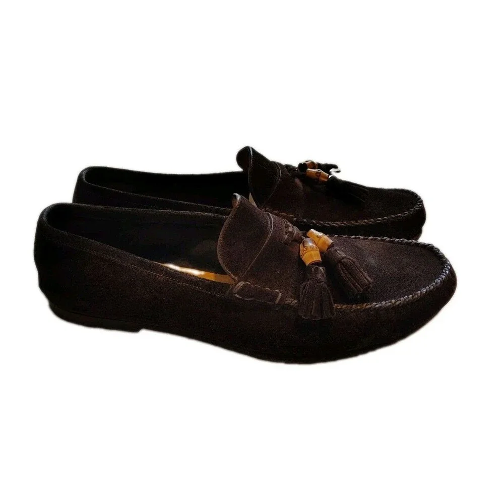 GUCCI Dark Brown Suede Bamboo Tassel Drivers Loafers Mens Size 7.5 D Made in...
